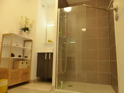 Salle de bains dans l'établissement Residence Coeur boise appartement avec terrasse et wifi Espace vert