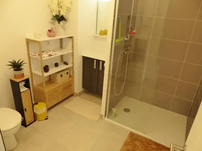Salle de bains dans l'établissement Residence Coeur boise appartement avec terrasse et wifi Espace vert