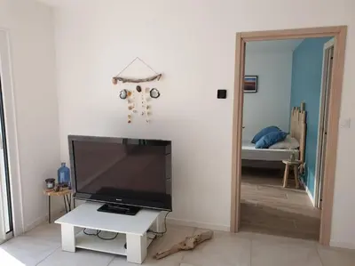 Télévision ou salle de divertissement dans l'établissement Maison récent proche du lac de Léon et de l'Océan