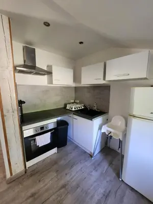 Cuisine ou kitchenette dans l'établissement Chalet au cœur des Landes