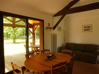 Coin salon dans l'établissement Chalet en forêt landaise avec jacuzzi dintérieur