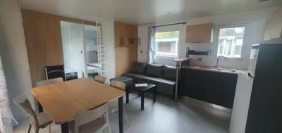 Cuisine ou kitchenette dans l'établissement Mobile home à Mimizan géré par un particulier