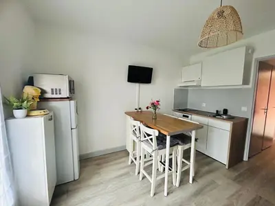 Cuisine ou kitchenette dans l'établissement BISCAROSSE PLAGE STUDIO TERASSE BARBECUE À 150 m DE LA PLAGE