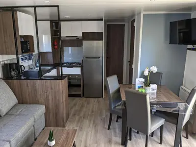 Cuisine ou kitchenette dans l'établissement Le Rêve bleu MOBIL HOME 49 3 CHAMBRES