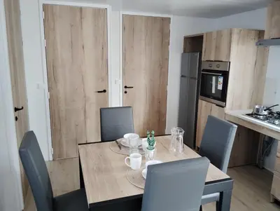 Cuisine ou kitchenette dans l'établissement Mobil'home haut de gamme XXL sous les pins !
