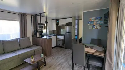 Cuisine ou kitchenette dans l'établissement Mobil-home 40m2 au calme, plage, piscine, forêt