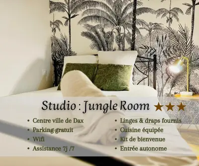 Un ou plusieurs lits dans un hébergement de l'établissement Jungle Room, centre ville Dax