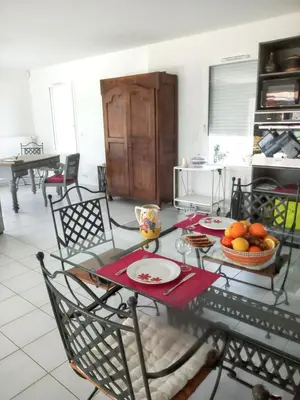 Cuisine ou kitchenette dans l'établissement Maison charmante à Mimizan avec vue sur jardin et terrasses