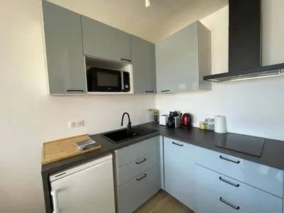 Cuisine ou kitchenette dans l'établissement Charmant Studio Rénové au Port de Capbreton - Idéal Pour 4 Pers. - FR-1-413-247