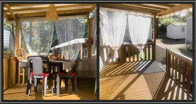 Balcon ou terrasse dans l'établissement Mobil Home cosy à Contis Proche plage et nature