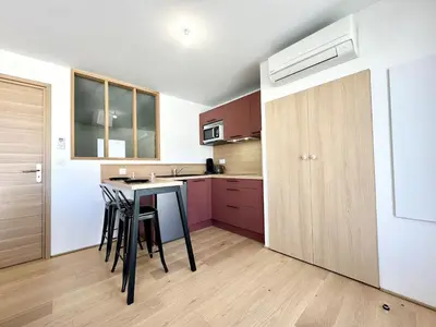 Cuisine ou kitchenette dans l'établissement Sous les Palmiers - Neuf - Parking - Centre - Télé