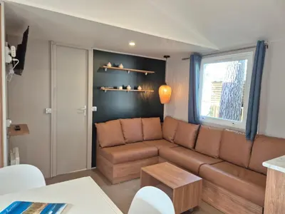 Coin salon dans l'établissement MH 201 AGREABLE et tout ÉQUIPÉ 2CH dont suite parentale et 2sdb avec vue sur foret dans camping 4 étoiles