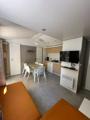 Cuisine ou kitchenette dans l'établissement Location mobile-home confort face au lac