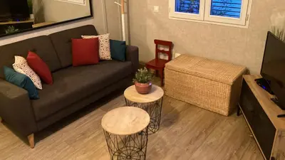 Télévision ou salle de divertissement dans l'établissement Chalet T3 15 min plage grande terasse et piscine