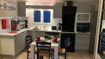 Cuisine ou kitchenette dans l'établissement Chalet T3 15 min plage grande terasse et piscine