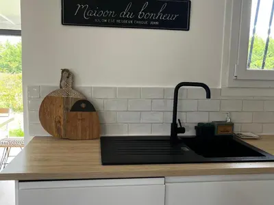 Cuisine ou kitchenette dans l'établissement Maison moderne près du lac avec jardin et véranda à Sanguinet, pour 10 personnes - FR-1-319-584