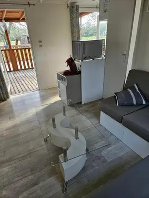 Coin salon dans l'établissement Camping familial les Chalets d'Uza