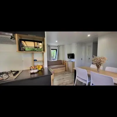 Cuisine ou kitchenette dans l'établissement Mobil Home Premium 3 ch Camping 5 Biscarrosse Mayotte F62