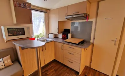 Cuisine ou kitchenette dans l'établissement Mobil-home 3 chambres climatisé sur le domaine 4 étoiles Rivages des Landes