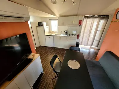 Cuisine ou kitchenette dans l'établissement Mobil home Capbreton
