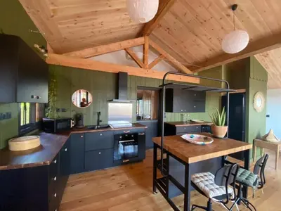 Cuisine ou kitchenette dans l'établissement New wooden house 300 m from beach, forest, 1 to 11 people