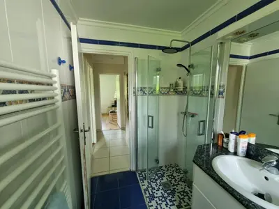 Salle de bains dans l'établissement house with heated pool and jacuzzi