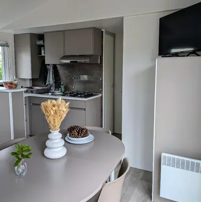 Cuisine ou kitchenette dans l'établissement Mobil-home confort - Camping 4 étoiles - Clim et plage