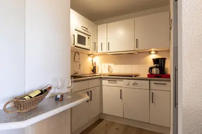 Cuisine ou kitchenette dans l'établissement Grand balcon, piscine, plage, golf, parking, wifi, lave linge & vaisselle
