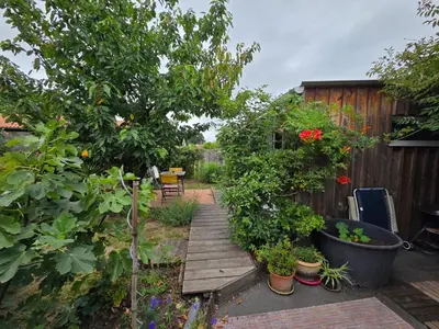 Jardin de l'établissement Studio bois avec terrasse et jardin bassin et océan