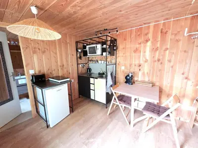 Cuisine ou kitchenette dans l'établissement Studio bois avec terrasse et jardin bassin et océan