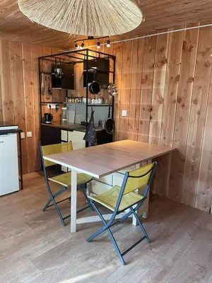 Cuisine ou kitchenette dans l'établissement Studio bois avec terrasse et jardin bassin et océan