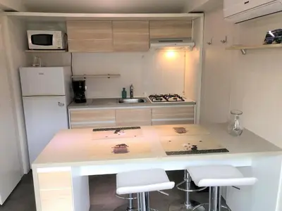 Cuisine ou kitchenette dans l'établissement Mobilhome camping Rivage des Landes