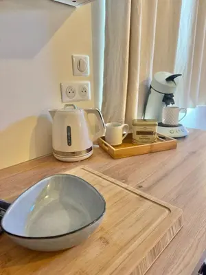 Cuisine ou kitchenette dans l'établissement Aux portes de la plage, entièrement rénovés, climatisation, wifi, Parking gratuit, linge de maison fournit, ménage en fin de séjour compris