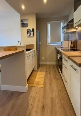 Cuisine ou kitchenette dans l'établissement T2, 50 m beach, balcony with sea view