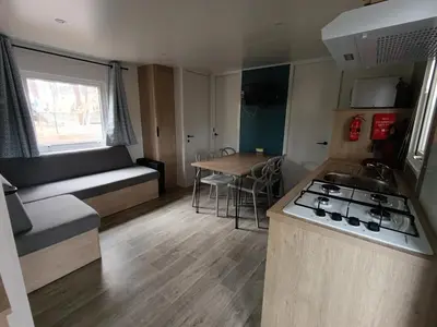 Cuisine ou kitchenette dans l'établissement Mobil-home neuf sous les pins, à proximité des infrastructures