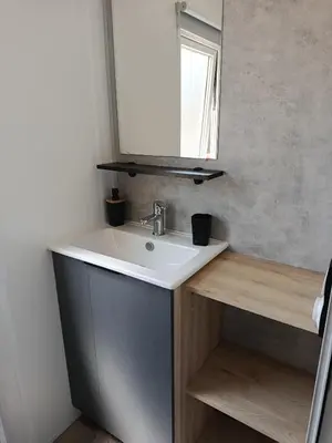 Cuisine ou kitchenette dans l'établissement Superbe mobil-home à Seignosse plage