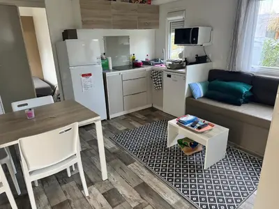 Cuisine ou kitchenette dans l'établissement Mobil Home 6 à 8 personnes avec jardin