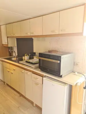 Cuisine ou kitchenette dans l'établissement Mobilhome camping Lalande Mimizan