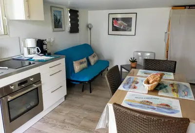 Cuisine ou kitchenette dans l'établissement Arcachon, Gujan Mestras, studio cosy individuel, lumineux clim, jardin