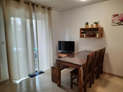 Télévision ou salle de divertissement dans l'établissement Appartement 1 chambre et 1 coin cabine, piscine, au bord du lac d 'Aureilhan,proche de Mimizan plage