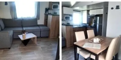 Cuisine ou kitchenette dans l'établissement Camping des Dunes de Contis mobilhome 3ch,