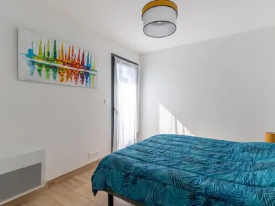Un ou plusieurs lits dans un hébergement de l'établissement Maison neuve proche océan à Mimizan, 4 pers, clim, WIFI, jardinet, pistes cyclables, ménage inclus - FR-1-50-91