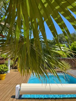 Piscine de l'établissement Maison avec sa grande terrasse ensoleillée ou située à proximité