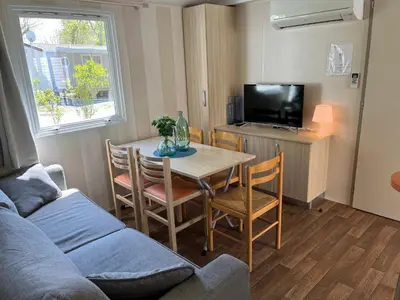 Télévision ou salle de divertissement dans l'établissement Mobil-home climatisé avec piscine