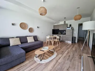 Télévision ou salle de divertissement dans l'établissement Appartement in Mimizan's center with pool & BBQ