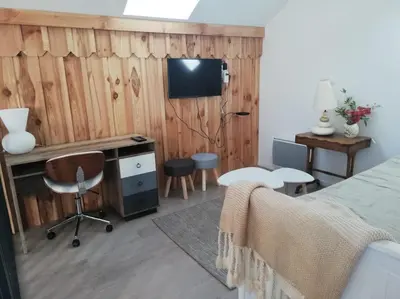 Télévision ou salle de divertissement dans l'établissement Ravissante maison 3* avec jacuzzi proche lac