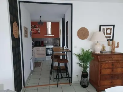 Cuisine ou kitchenette dans l'établissement Biscarrosse Bourg Charmant appartement T3 en centre ville